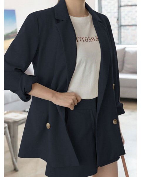 Solid Long Sleeve Button Front Pocket Two Pieces Suit - Navy S