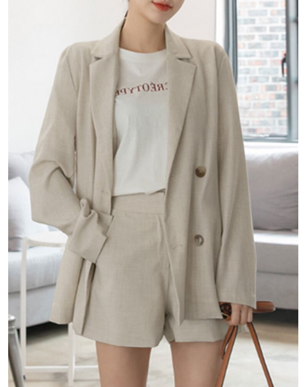 Solid Long Sleeve Button Front Pocket Two Pieces S...