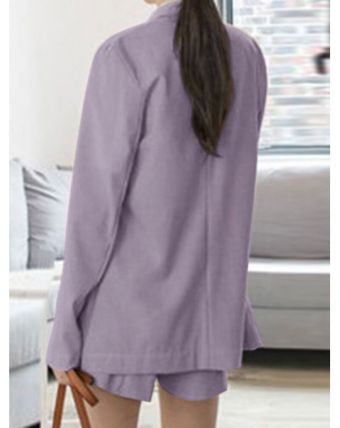 Solid Long Sleeve Button Front Pocket Two Pieces Suit - Navy S