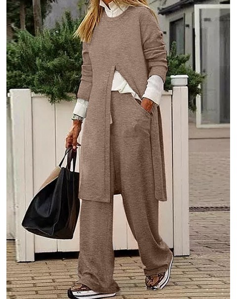 Women Side Pockets Side Fork O-Neck Solid Ankle Length Two-Piece Sets - Black 3XL