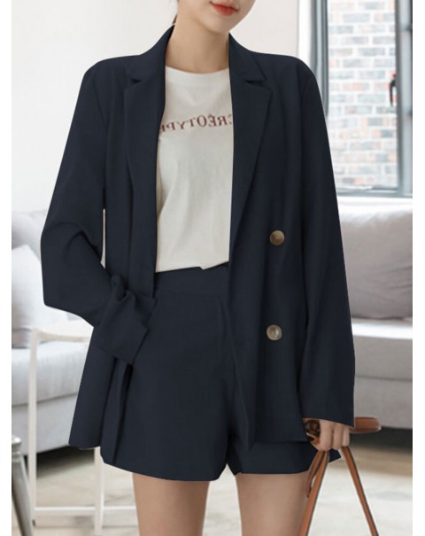 Solid Long Sleeve Button Front Pocket Two Pieces Suit - Navy S