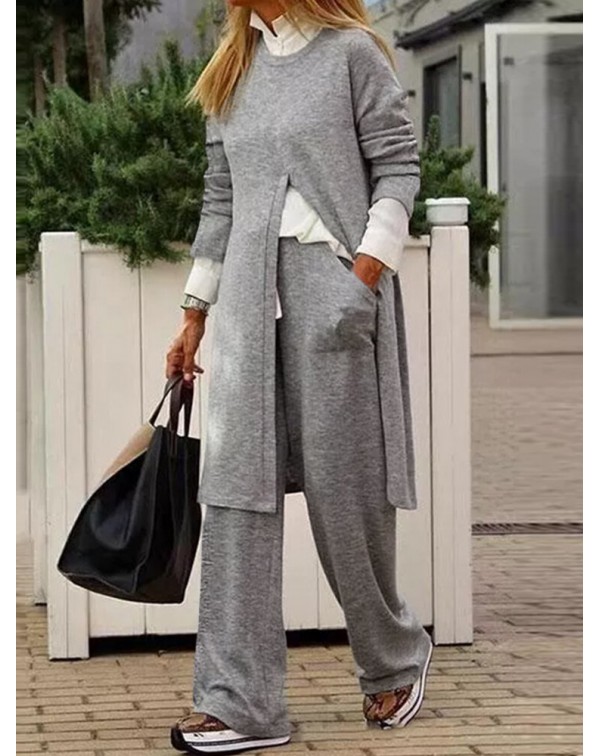Women Side Pockets Side Fork O-Neck Solid Ankle Le...