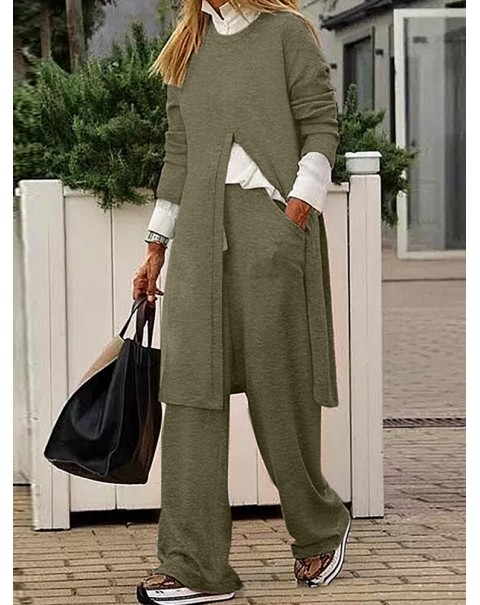 Women Side Pockets Side Fork O-Neck Solid Ankle Length Two-Piece Sets - Black 3XL