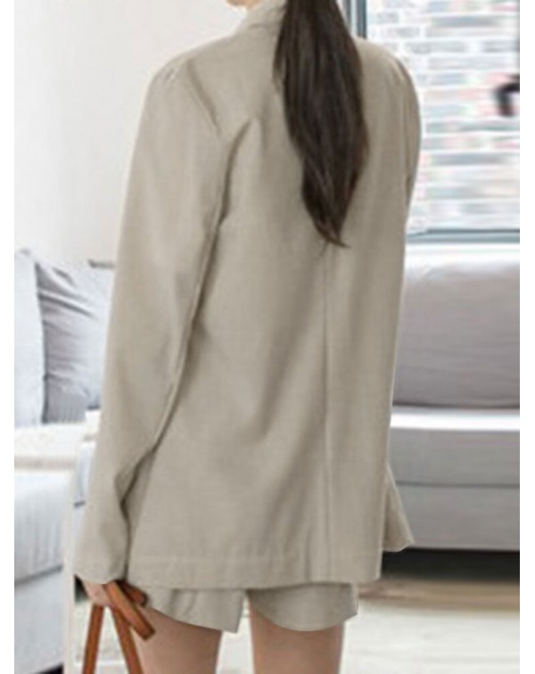 Solid Long Sleeve Button Front Pocket Two Pieces S...