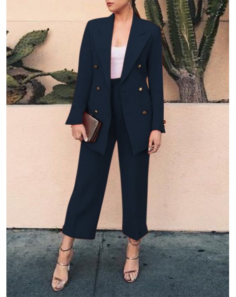 Solid Double Breasted Pocket Long Sleeve Two Pieces Suit - Dark Blue S
