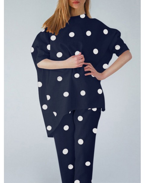 Polka Dot Irregular Hem Elastic Waist Casual Suit - Yellow S