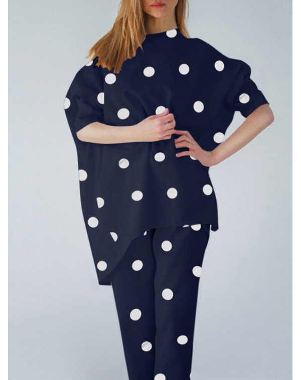 Polka Dot Irregular Hem Elastic Waist Casual Suit ...