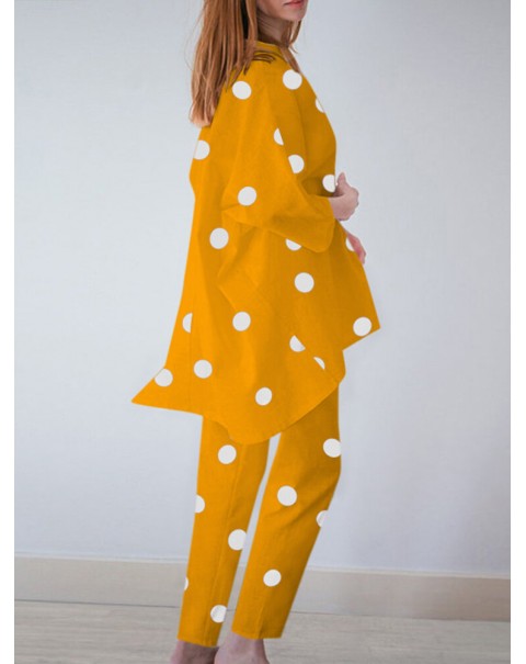 Polka Dot Irregular Hem Elastic Waist Casual Suit - Yellow S