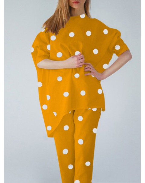 Polka Dot Irregular Hem Elastic Waist Casual Suit - Yellow S