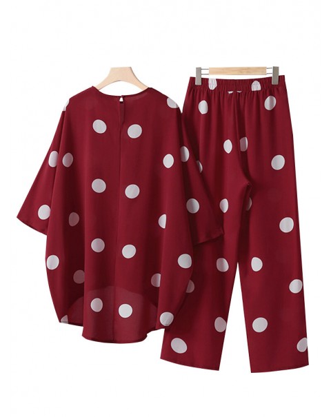 Polka Dot Irregular Hem Elastic Waist Casual Suit - Yellow S