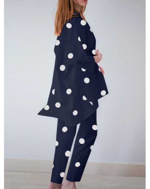Polka Dot Irregular Hem Elastic Waist Casual Suit - Yellow S
