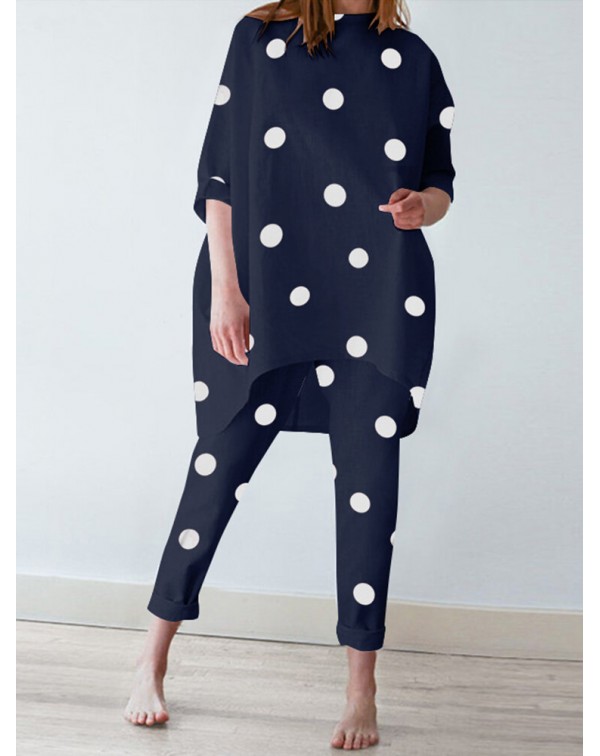 Polka Dot Irregular Hem Elastic Waist Casual Suit ...