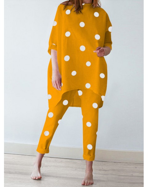 Polka Dot Irregular Hem Elastic Waist Casual Suit - Yellow S