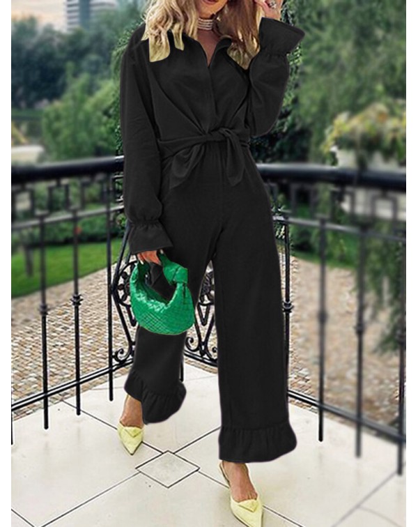 Women Elastic Waist Solid Ruffles Narrow Cuffs Ank...