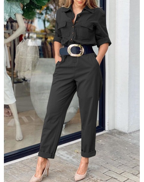Women Side Pockets Button Solid Color Elastic Waist Two-Piece Sets - Black 4XL
