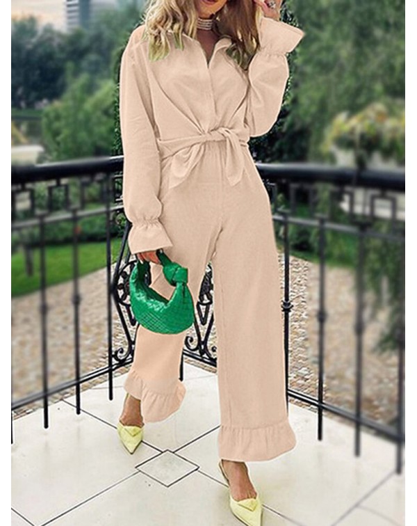Women Elastic Waist Solid Ruffles Narrow Cuffs Ank...