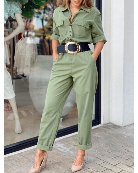 Women Side Pockets Button Solid Color Elastic Waist Two-Piece Sets - Black 4XL