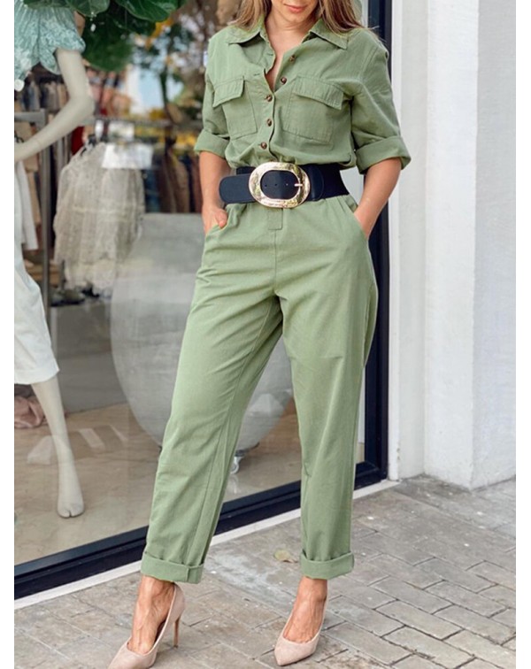 Women Side Pockets Button Solid Color Elastic Wais...