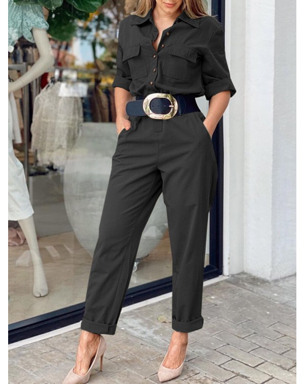 Women Side Pockets Button Solid Color Elastic Wais...