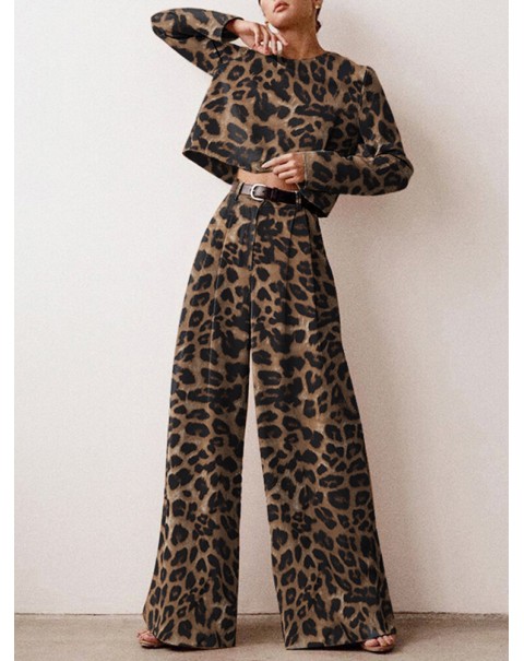 Leopard Print Button Zip Long Sleeve Crew Neck Two Pieces Set - Green 3XL