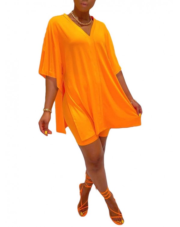 Solid Casual V-neck 3/4 Sleeve Irregular Hem Elast...