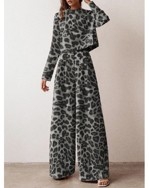 Leopard Print Button Zip Long Sleeve Crew Neck Two Pieces Set - Green 3XL