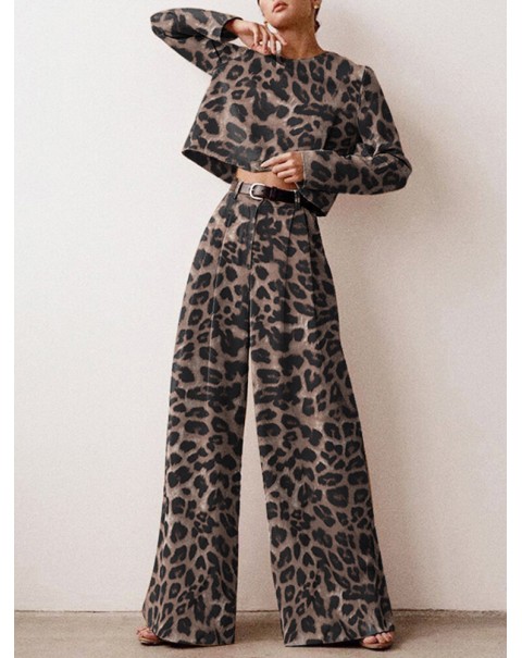 Leopard Print Button Zip Long Sleeve Crew Neck Two Pieces Set - Green 3XL