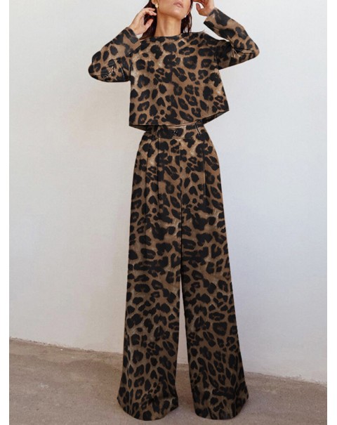 Leopard Print Button Zip Long Sleeve Crew Neck Two Pieces Set - Green 3XL