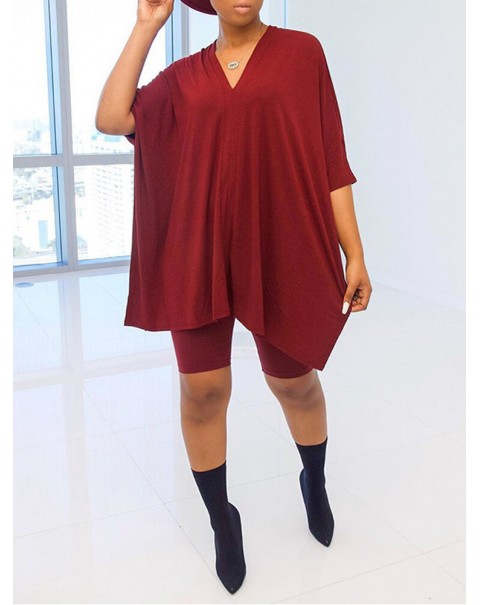 Solid Casual V-neck 3/4 Sleeve Irregular Hem Elastic Waist Two Piece Sets For Women - Apricot M