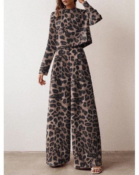 Leopard Print Button Zip Long Sleeve Crew Neck Two Pieces Set - Green 3XL