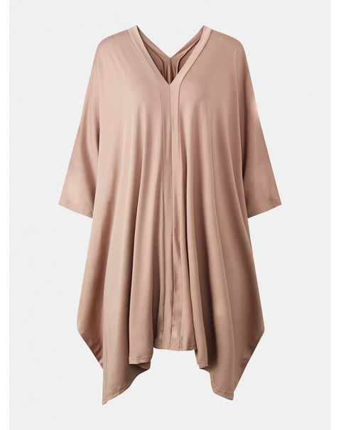 Solid Casual V-neck 3/4 Sleeve Irregular Hem Elastic Waist Two Piece Sets For Women - Apricot M