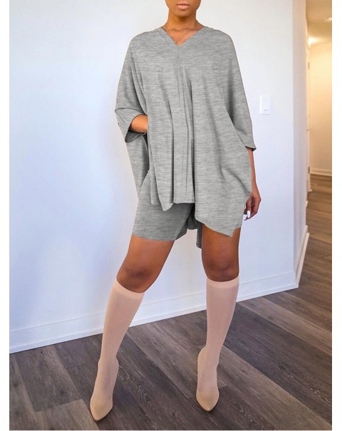 Solid Casual V-neck 3/4 Sleeve Irregular Hem Elastic Waist Two Piece Sets For Women - Apricot M