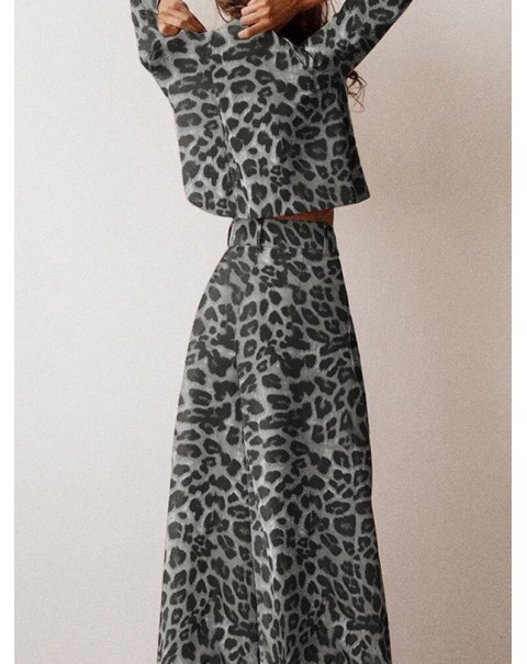 Leopard Print Button Zip Long Sleeve Crew Neck Two Pieces Set - Green 3XL