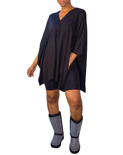 Solid Casual V-neck 3/4 Sleeve Irregular Hem Elastic Waist Two Piece Sets For Women - Apricot M