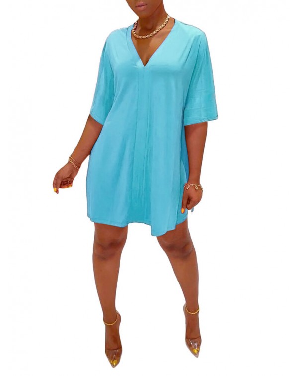 Solid Casual V-neck 3/4 Sleeve Irregular Hem Elast...