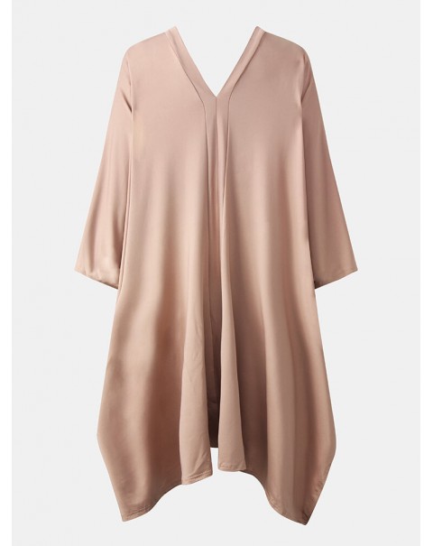 Solid Casual V-neck 3/4 Sleeve Irregular Hem Elastic Waist Two Piece Sets For Women - Apricot M