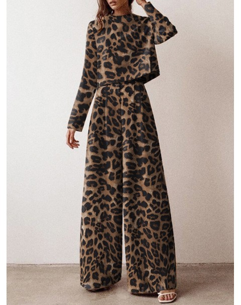 Leopard Print Button Zip Long Sleeve Crew Neck Two Pieces Set - Green 3XL