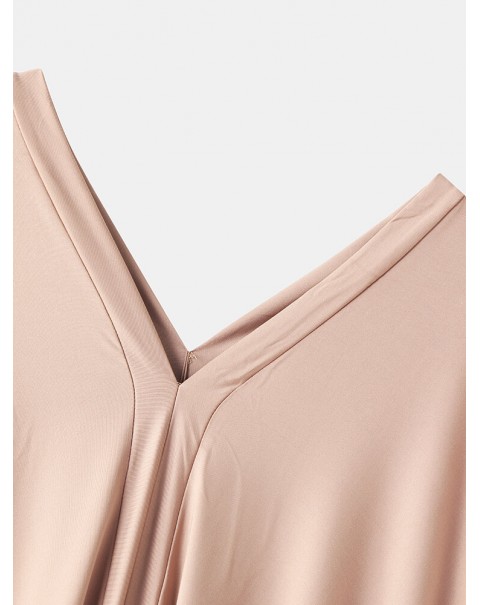 Solid Casual V-neck 3/4 Sleeve Irregular Hem Elastic Waist Two Piece Sets For Women - Apricot M