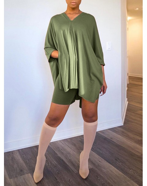 Solid Casual V-neck 3/4 Sleeve Irregular Hem Elastic Waist Two Piece Sets For Women - Apricot M