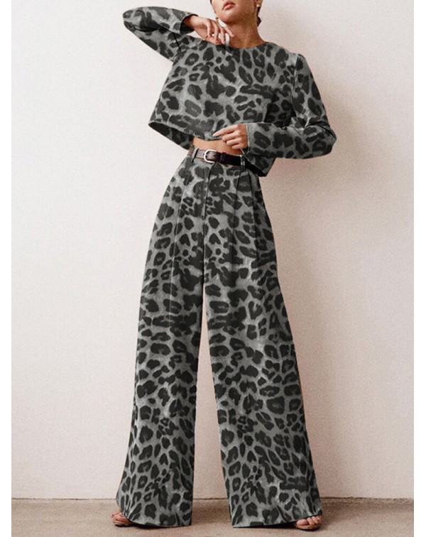 Leopard Print Button Zip Long Sleeve Crew Neck Two...