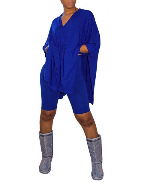 Solid Casual V-neck 3/4 Sleeve Irregular Hem Elastic Waist Two Piece Sets For Women - Apricot M