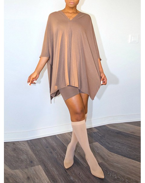 Solid Casual V-neck 3/4 Sleeve Irregular Hem Elastic Waist Two Piece Sets For Women - Apricot M