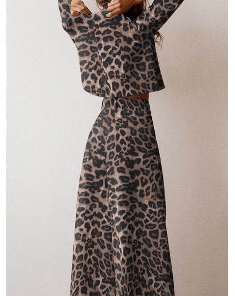 Leopard Print Button Zip Long Sleeve Crew Neck Two Pieces Set - Green 3XL