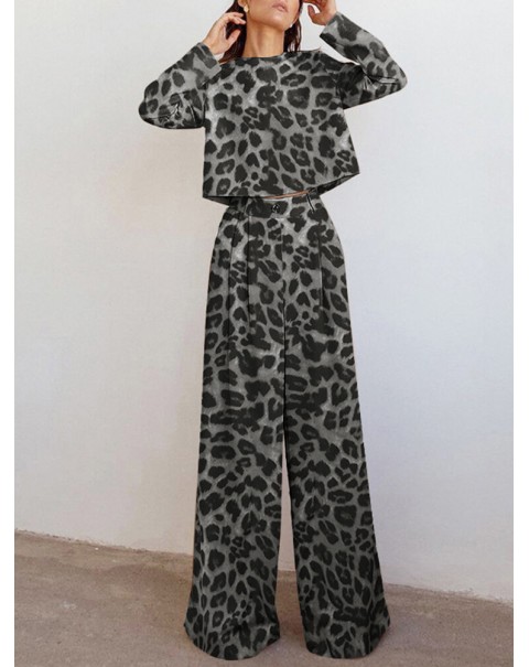 Leopard Print Button Zip Long Sleeve Crew Neck Two Pieces Set - Green 3XL