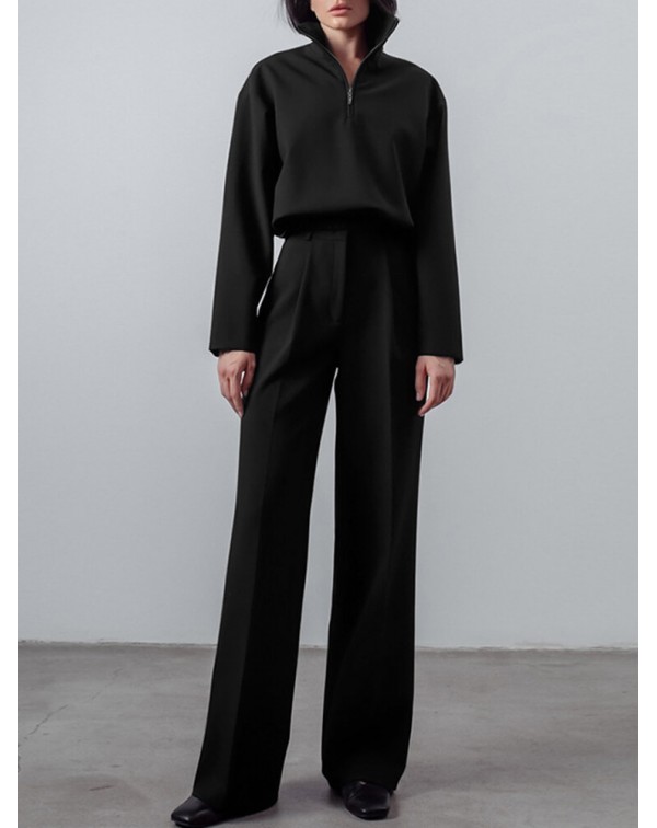 Solid Zip Front Hasp Long Sleeve Lapel Two Pieces ...