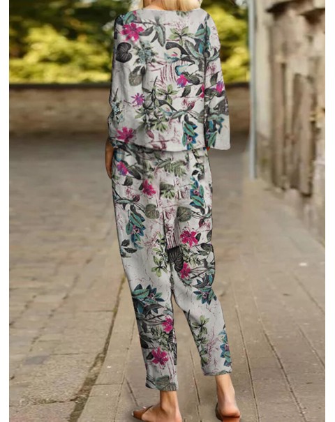 Plants Print Pocket Long Sleeve Elastic Waist Two Pieces Set - Red 3XL