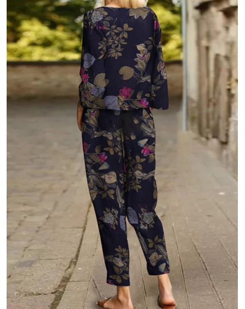 Plants Print Pocket Long Sleeve Elastic Waist Two Pieces Set - Red 3XL