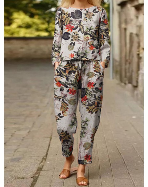 Plants Print Pocket Long Sleeve Elastic Waist Two Pieces Set - Red 3XL