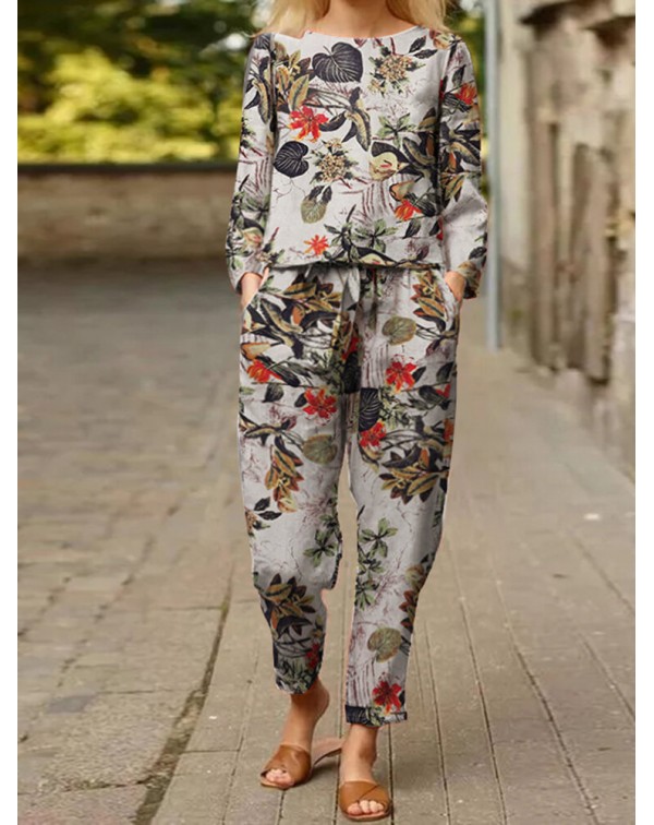 Plants Print Pocket Long Sleeve Elastic Waist Two ...