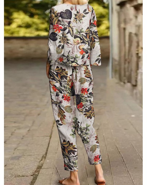 Plants Print Pocket Long Sleeve Elastic Waist Two Pieces Set - Red 3XL
